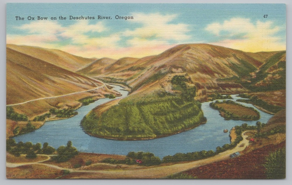 Linen~Air View Ox Bow On Deschutes River Oregon~Vintage Postcard