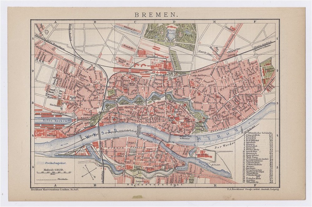 1900 Original Antique City Map Of Bremen With Street Index / Germany