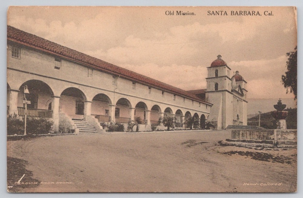 Old Mission Santa Barbara CA Hand-Colored Albertype Postcard c1910