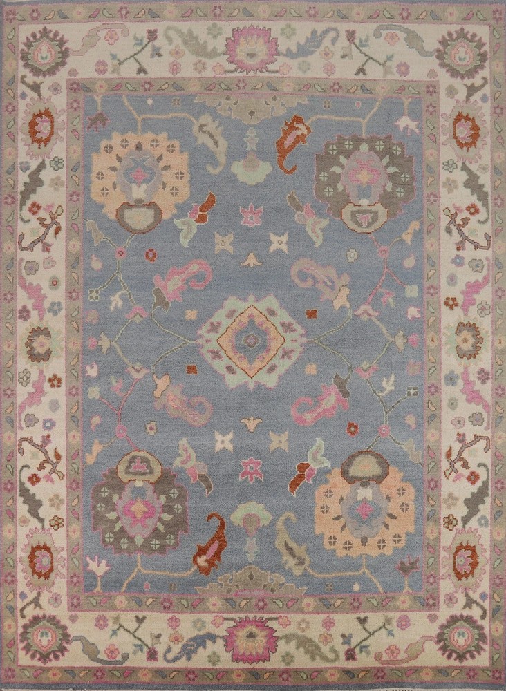 Hand Knotted Oushak Rug Light Blue Floral Turkish Wool Area Rug