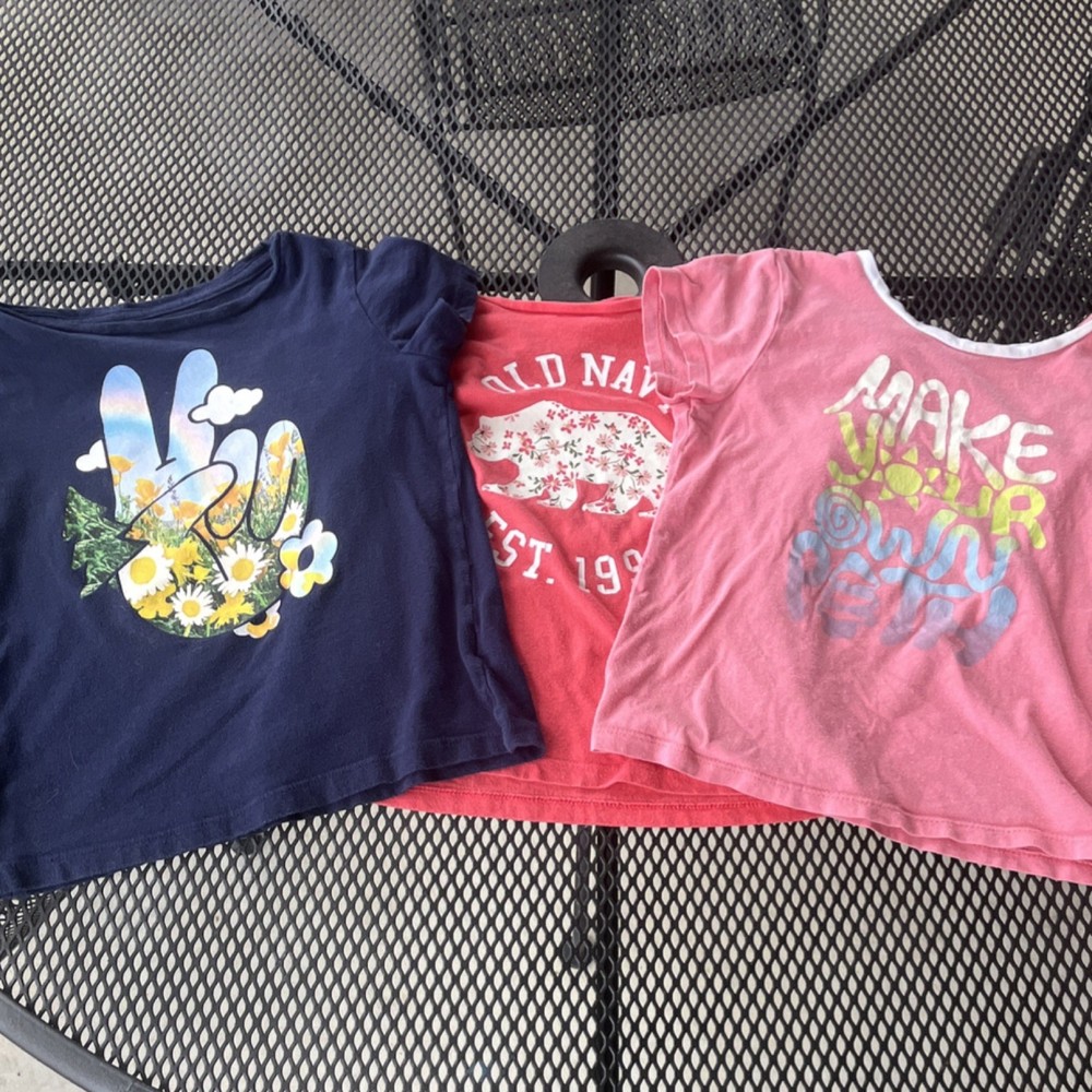 Old Navy Girls Graphic Print T-Shirts Lot Navy Pink Red Short Sleeve Crew Neck