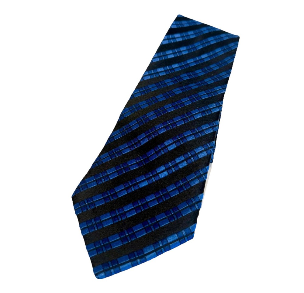 Charvet Silk Tie Blue Black Striped Plaid Luxury Designer Made in France