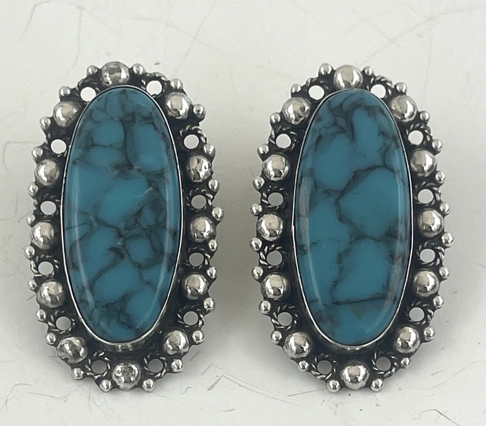 Vintage Sterling Silver 925  Mexico Turquoise statement Clip On Earrings