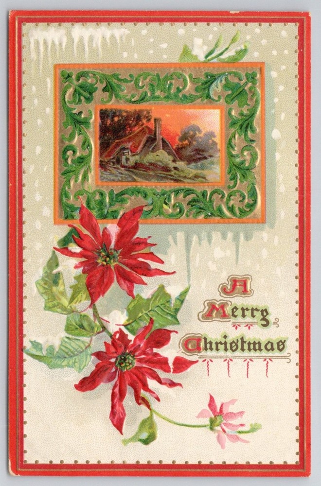 Raphael Tuck Christmas Postcard WINTER GLORIES Poinsettia Cottage Downingtown PA