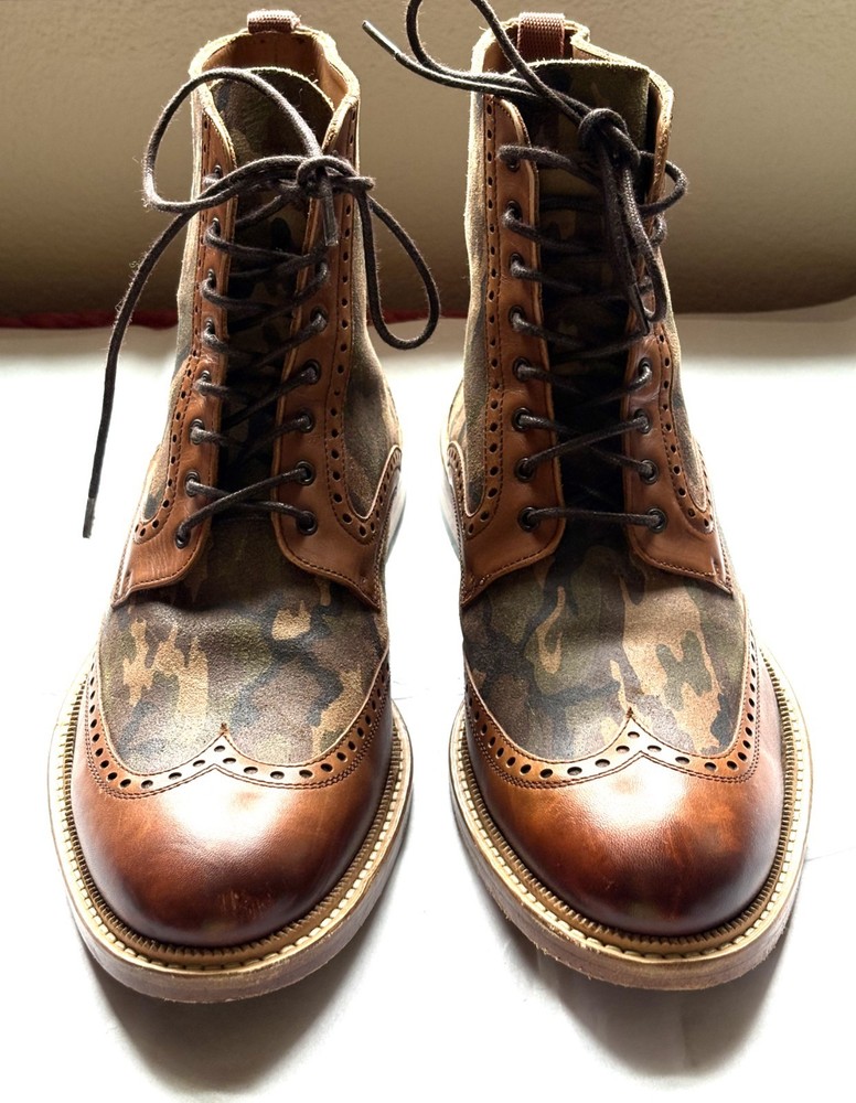 TAFT Camo Brown Leather Lace-Up Ankle Boots Size 42 US 9