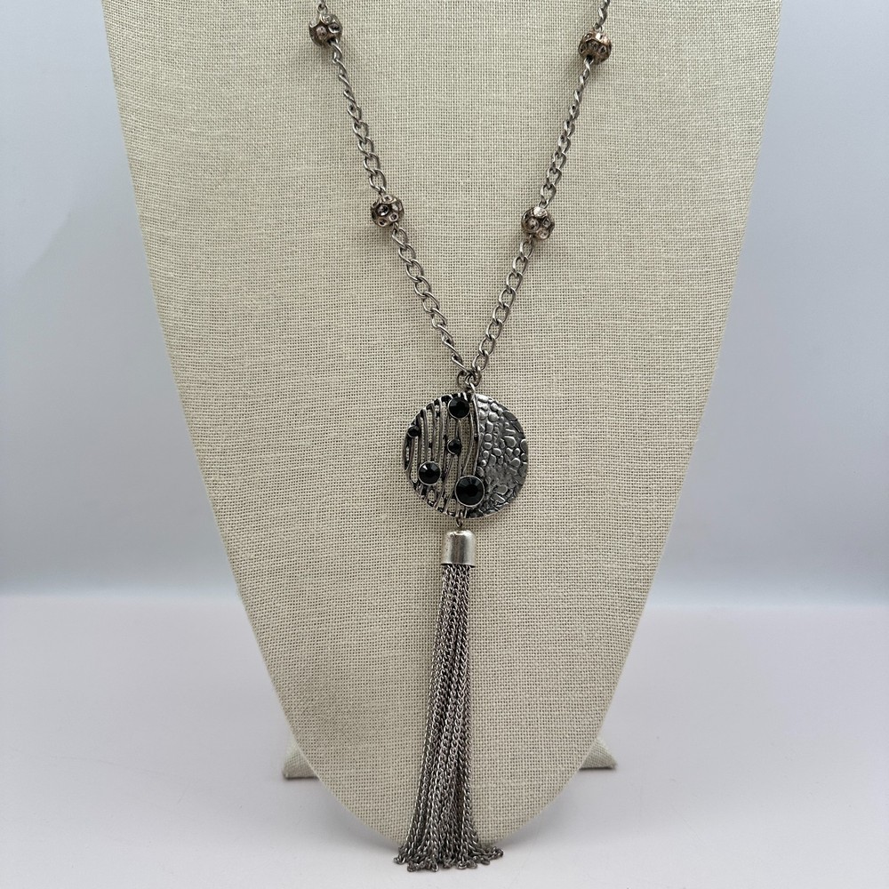 Vintage 90s Silver Tone Tassel Pendant Necklace Women's Classic Jewelry Boho 90s