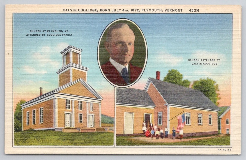 Calvin Coolidge Plymouth VT Church School Curteich Linen Postcard 1930s