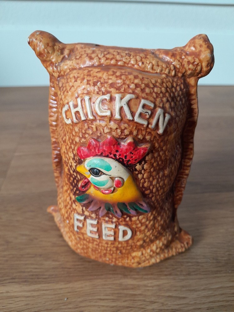 Vintage Kitschy Chicken Feed Sack Coin Bank Ceramic Bag W/Rooster Head