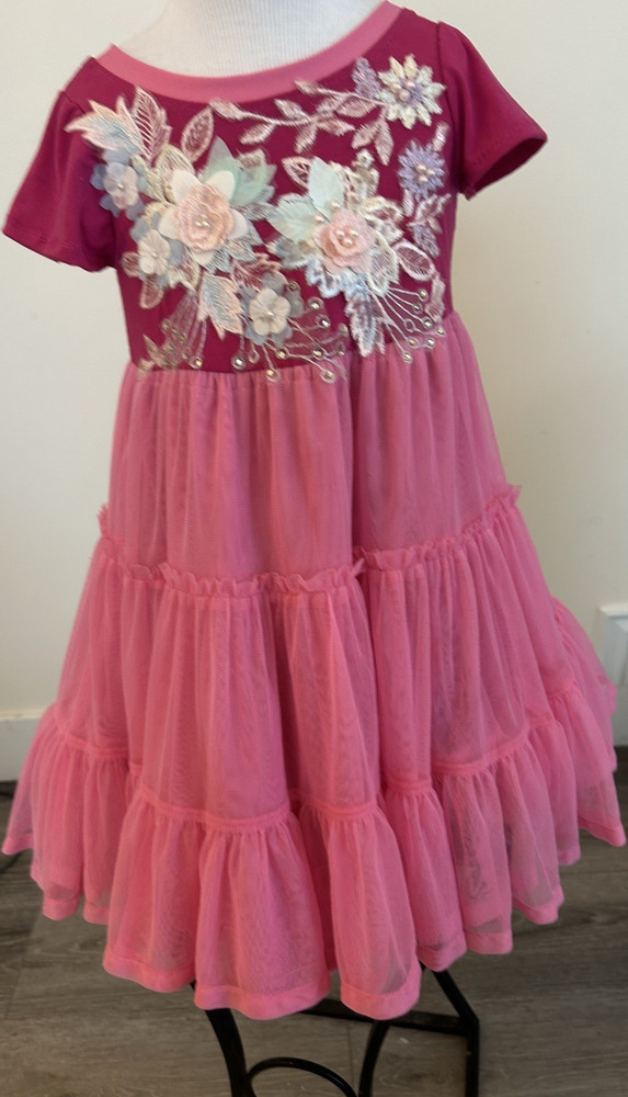Girls Size 4 Pink Fit & Flare Tulle tee- Dress Floral Embroidered