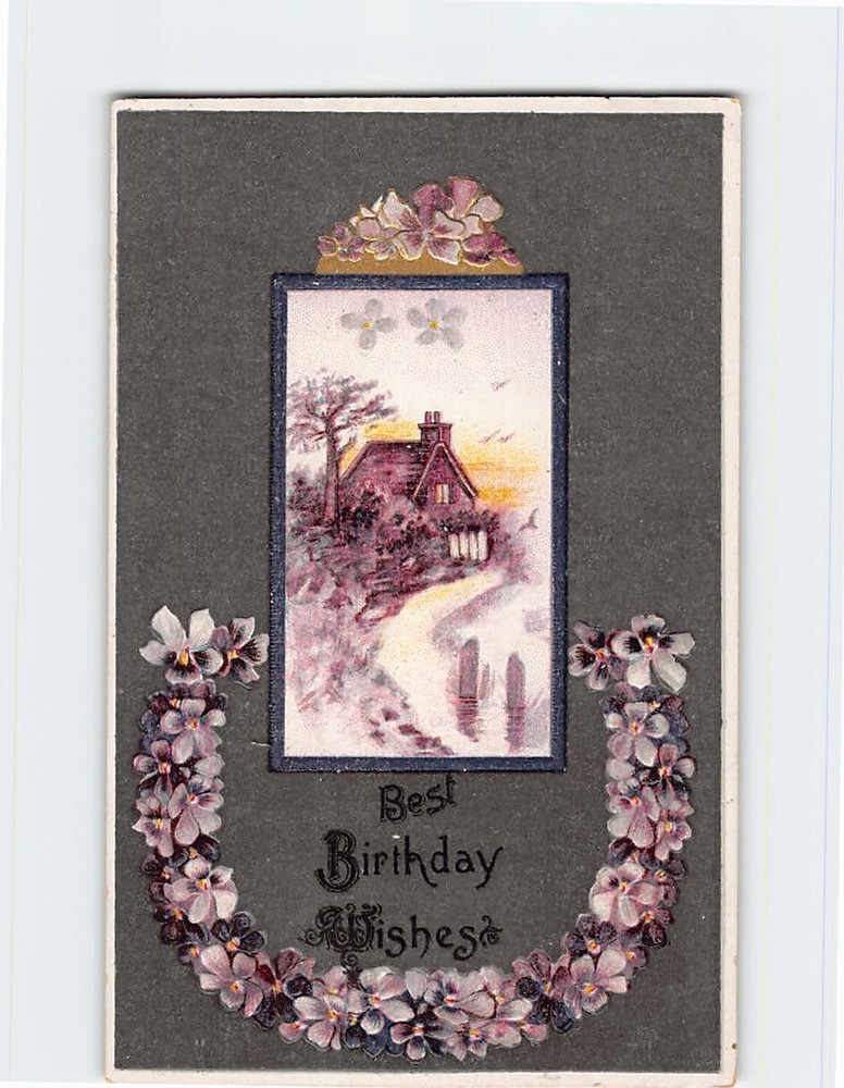 Postcard Best Birthday Wishes House Nature Scene Flower Art Print Embossed Card