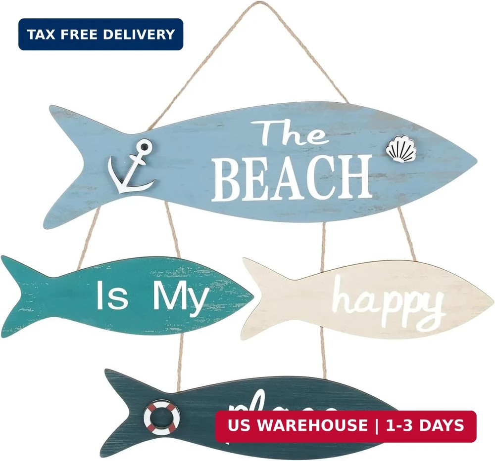 Novabright Wooden Fish Beach Decor Sign Fish Themed My Happy Place Sign Rustic B