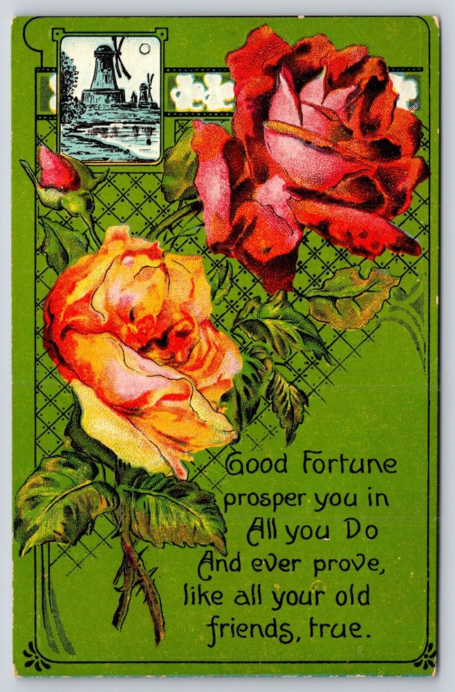 Greetings~Red & Yellow Roses Windmill Good Fortune~Vintage Postcard