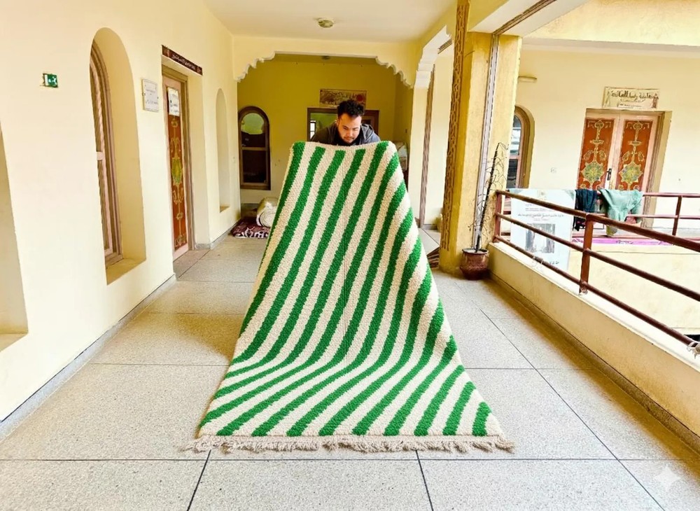 Hand Knotted Moroccan Berber Wool Rug Color Green White Design Area Carpet Rug