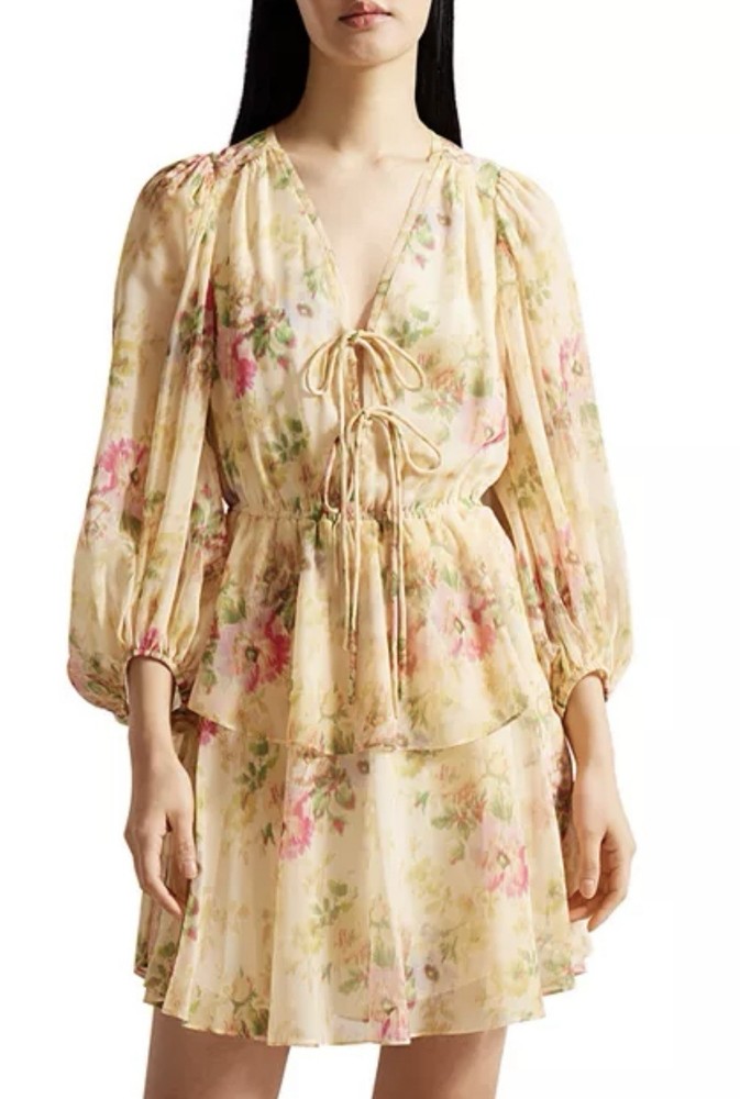 TED BAKER Yellow Floral Tamziiy Tie Front Mini Dress Size 4 US 10 M/L NWT $295