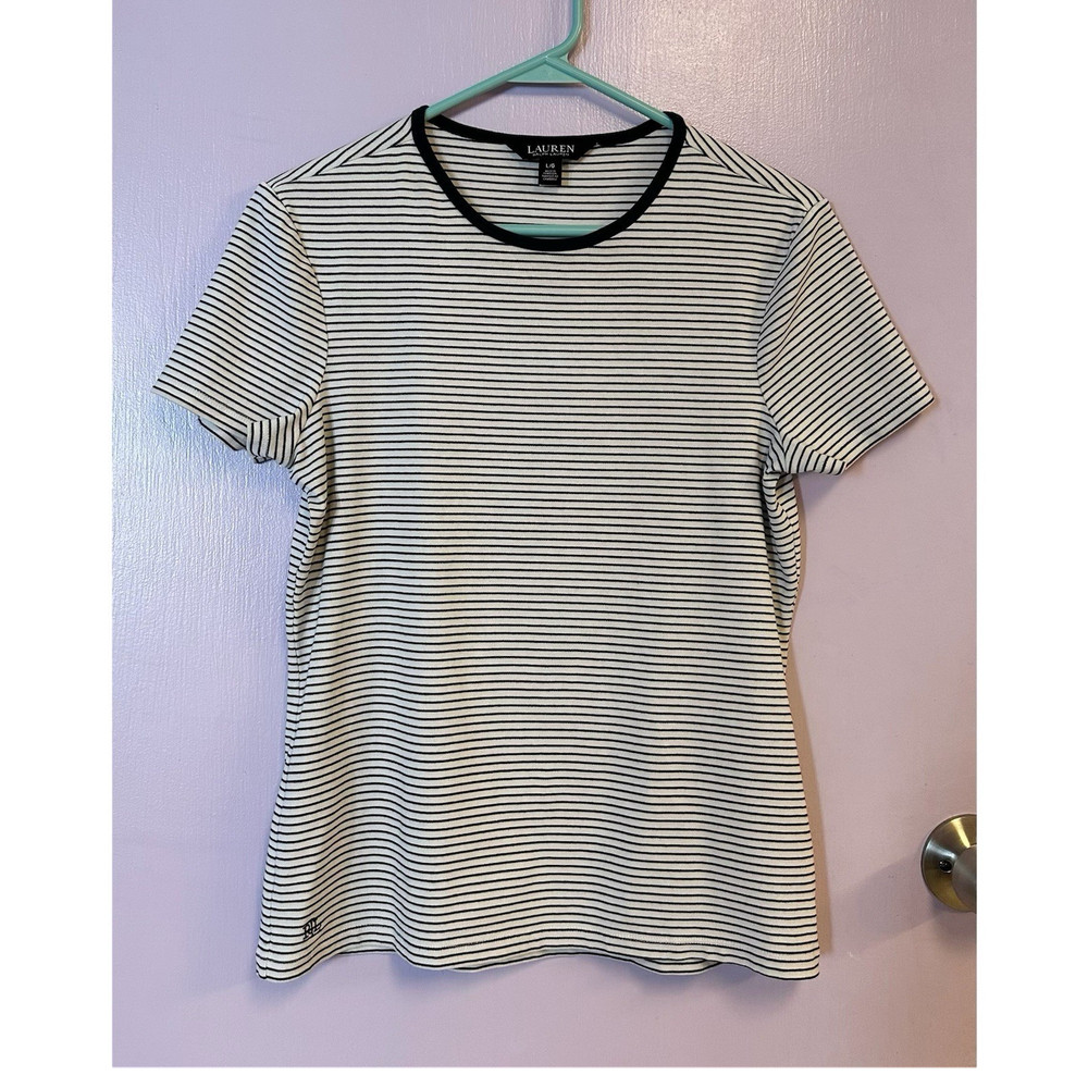 Women’s Lauren Ralph Lauren Striped Knit Short Sleeve T-Shirt Black White Size L
