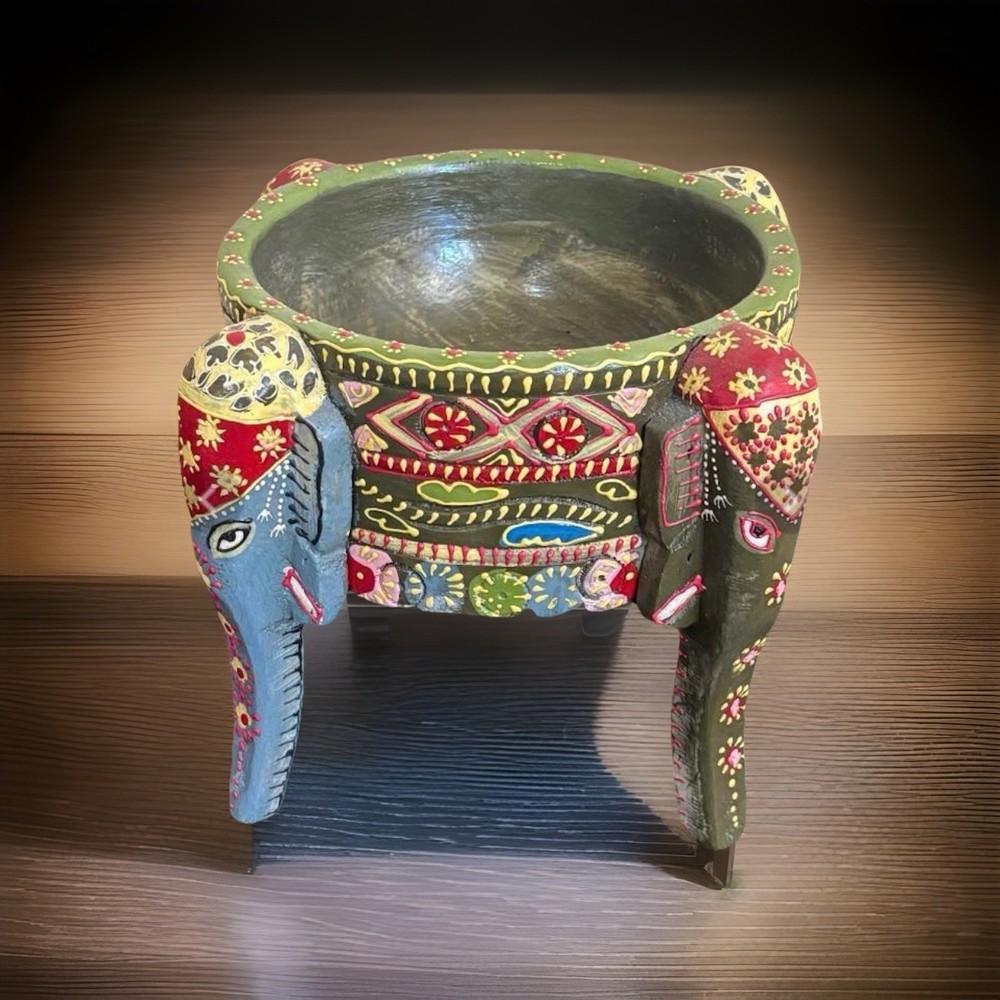 Hand Painted Elephant Tripod Planter 9” Indian Boho Folk Art Bowl Decor