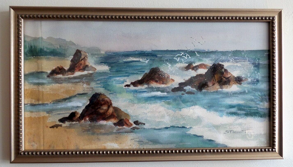 ORIGINAL WATERCOLOR PAINTING WAVES ROCKS AND SEAGALLS FRAMED SIGNED STILLWELL