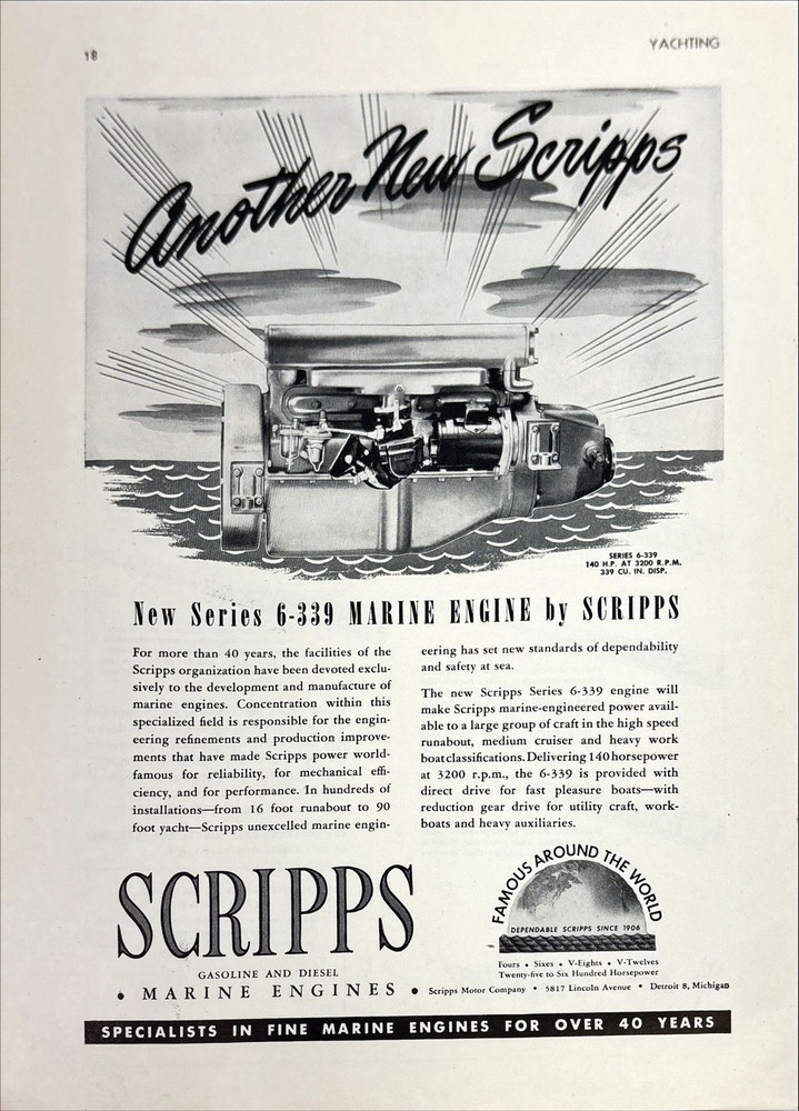 Scripps Motor Company: Marine Engines Series 6-339 Detroit Vintage Print Ad 1947