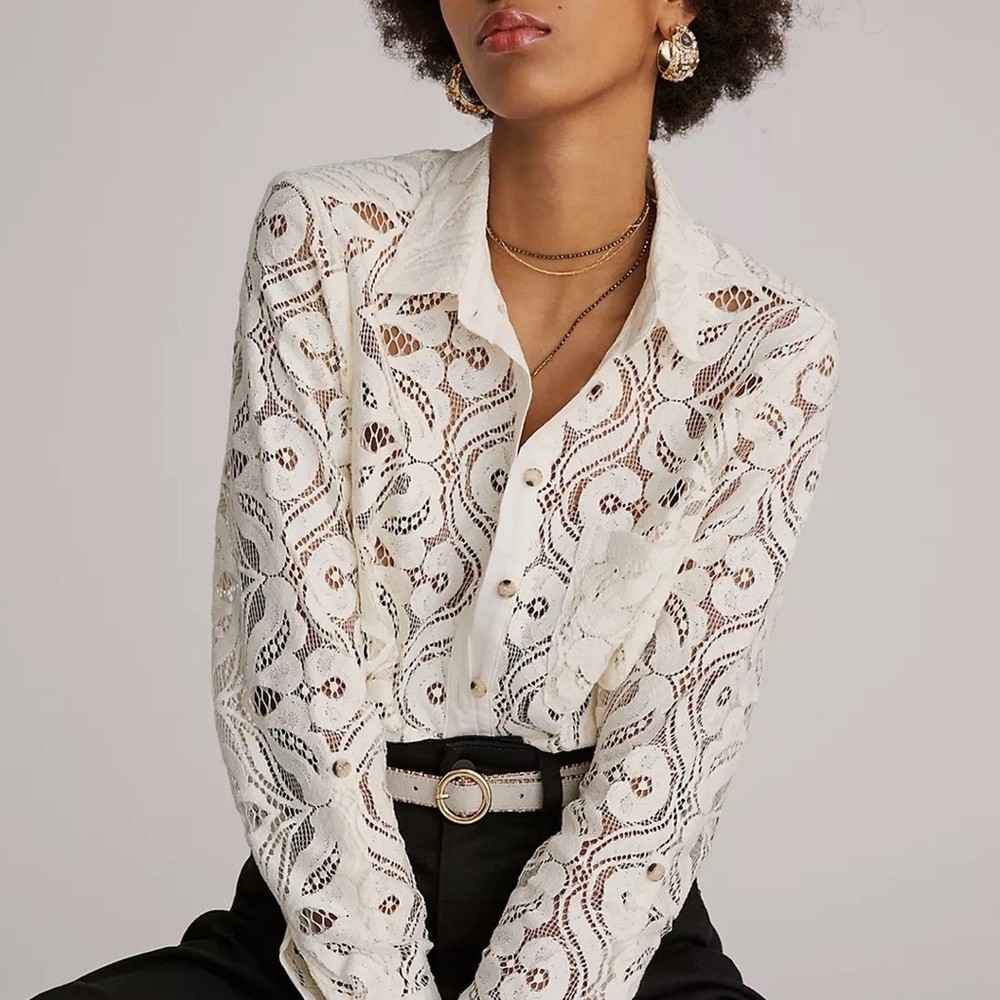 Maeve x Anthropologie Slim Button-Down LS Lace Blouse in Ivory Size 4
