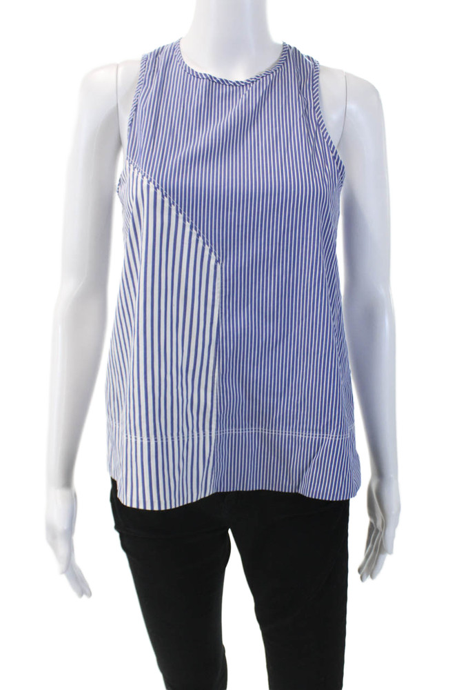 Tibi Womens Cotton Striped Crew Neck Zip Back Sleeveless Blouse Top Blue Size 00Free Shipping in US $100+ Orders | $6.95 Orders Below