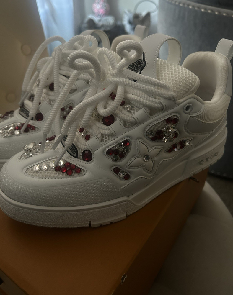 Louis Vuitton Men’s Low Top Lace-Up Athletic Sneakers White Red Silver Crystals