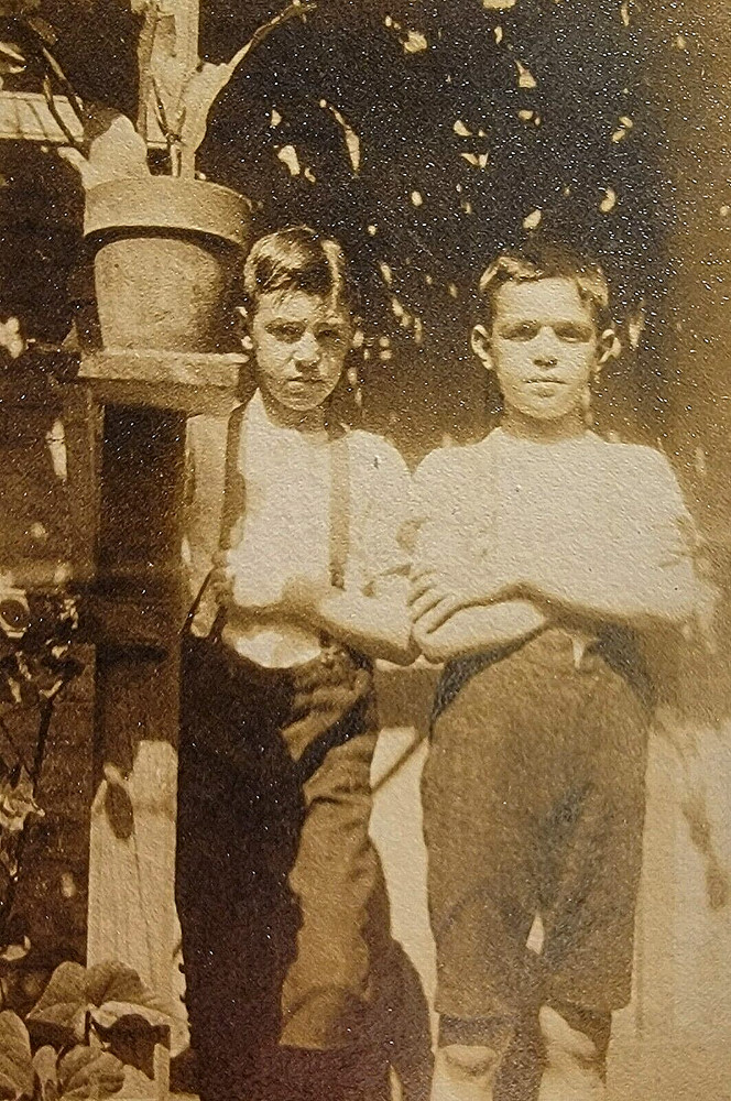 Antique Vintage Real Photo Cabinet Picture Portrait Image Boys Brothers Overalls