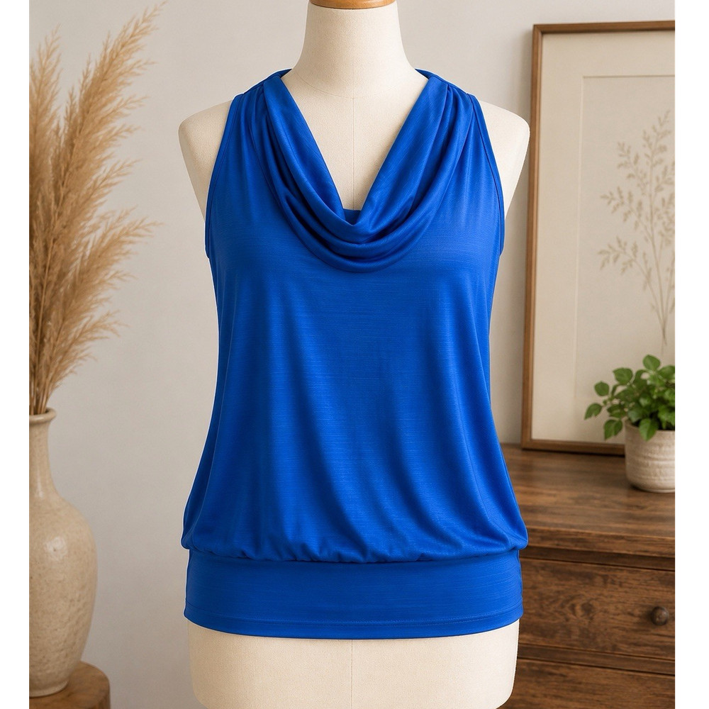 Royal Blue Cowl Neck Halter Tank Top Size Large Draped Sleeveless Blouse