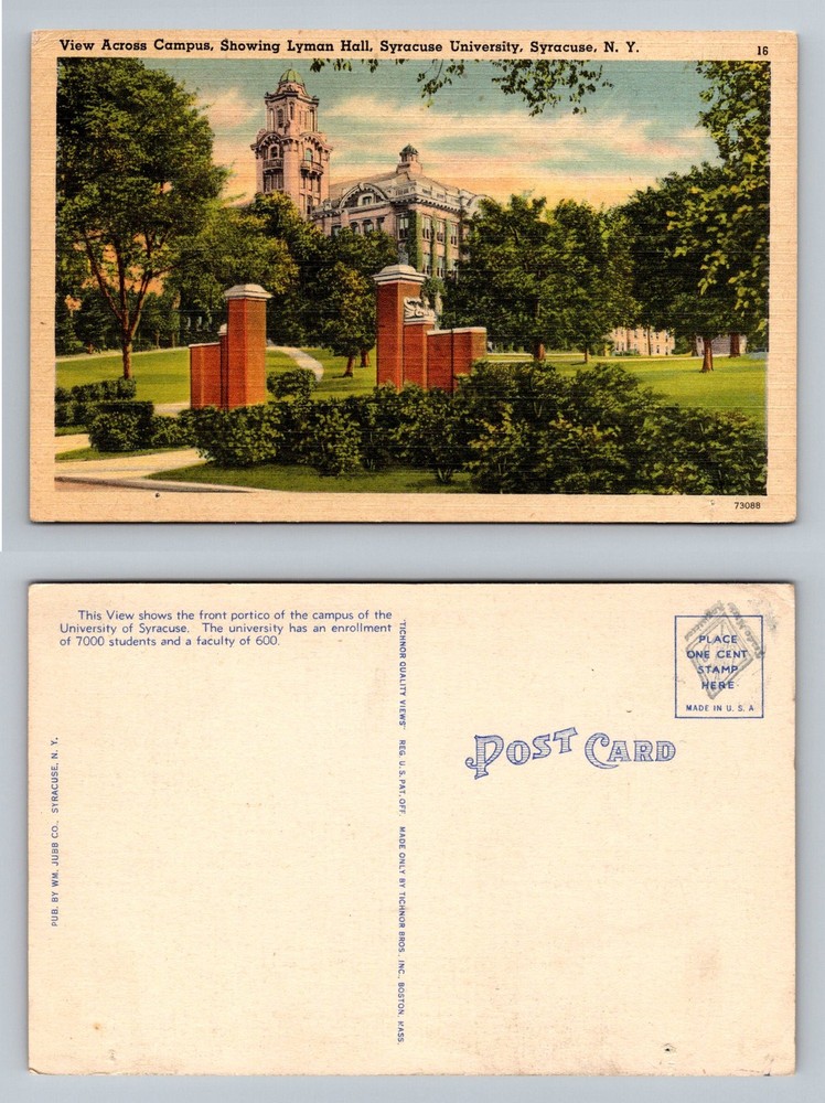 Syracuse, NY-New York, Lyman Hall Syracuse University Campus Vintage Postcard