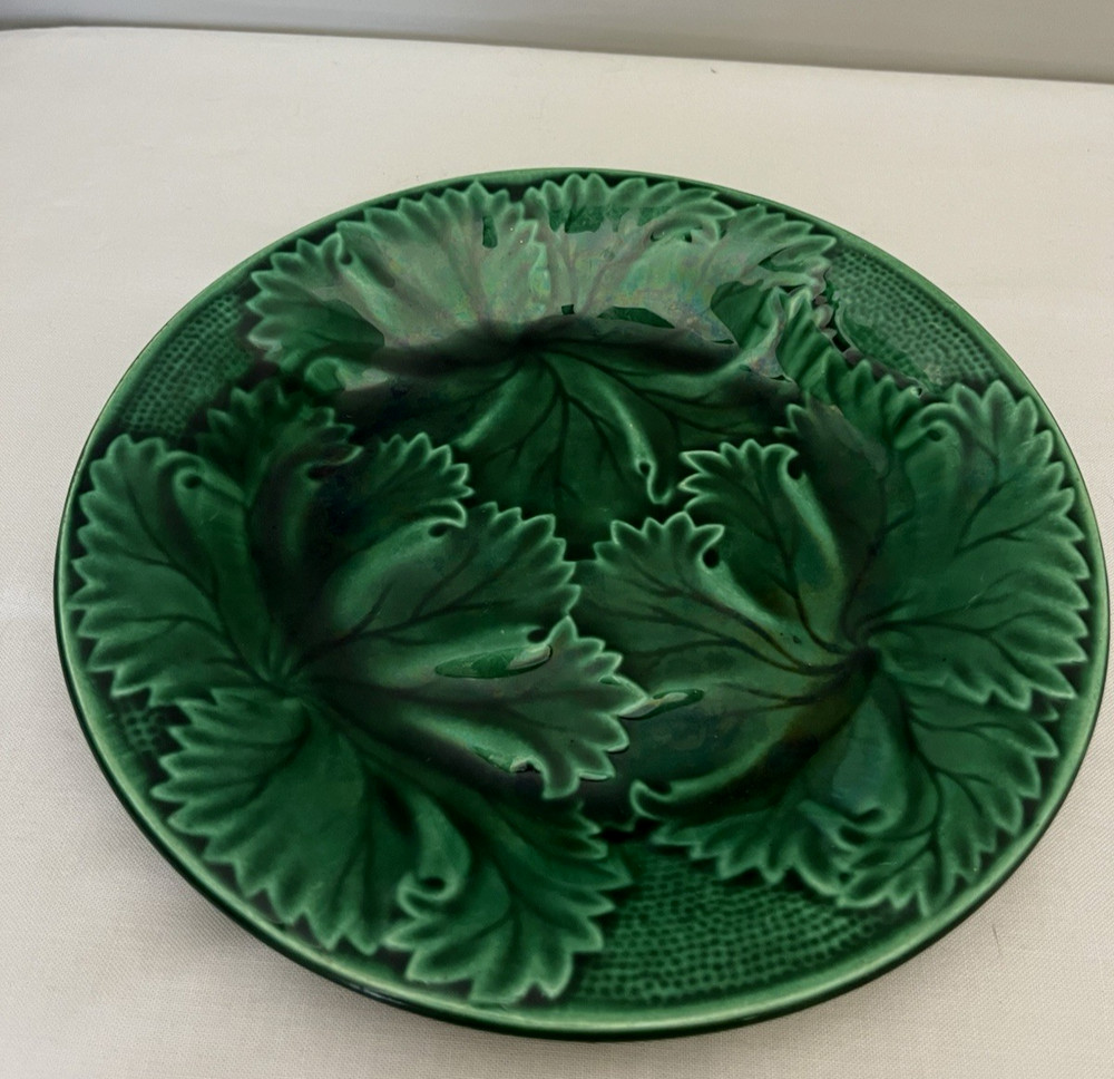Antique R & S Clairfontaine French Majolica Green Overlapping Leaf Plate 7.75