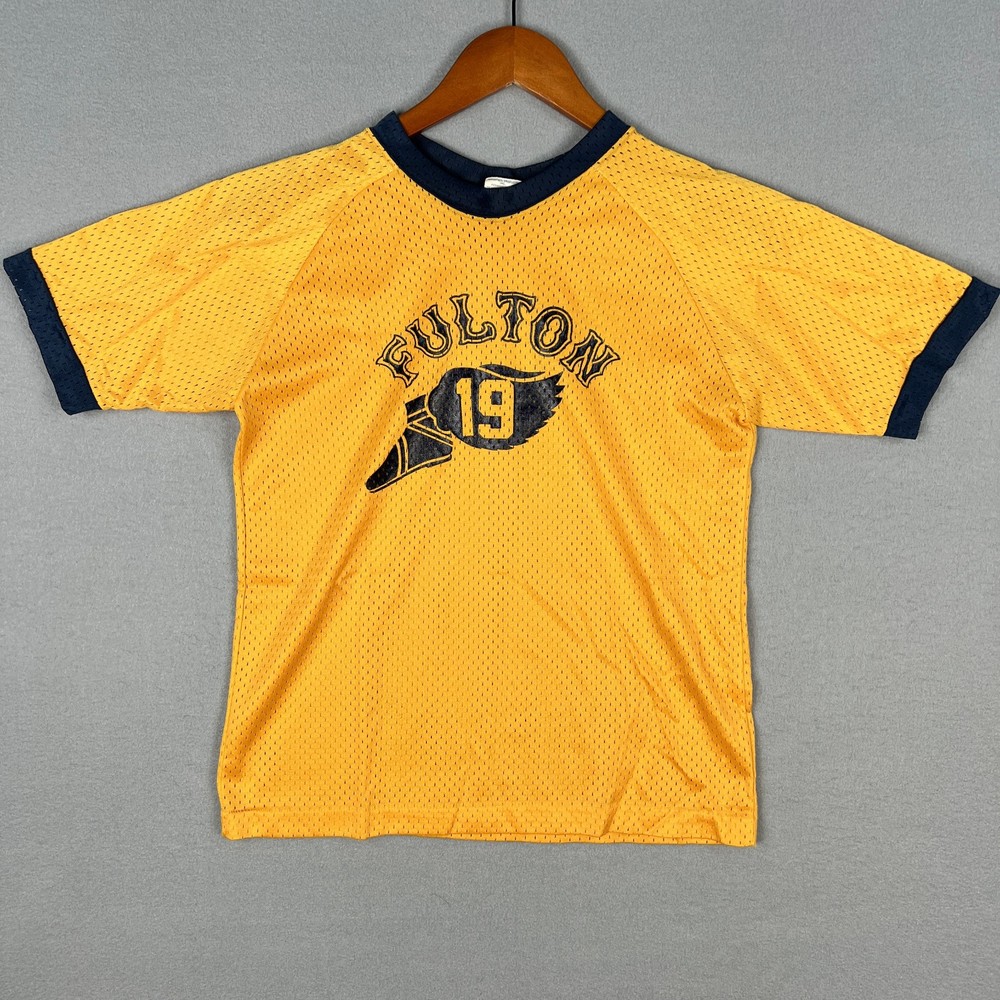 VTG 70s Champion Fulton 19 Jersey T Shirt Small Yellow Mesh Track Nylon USA
