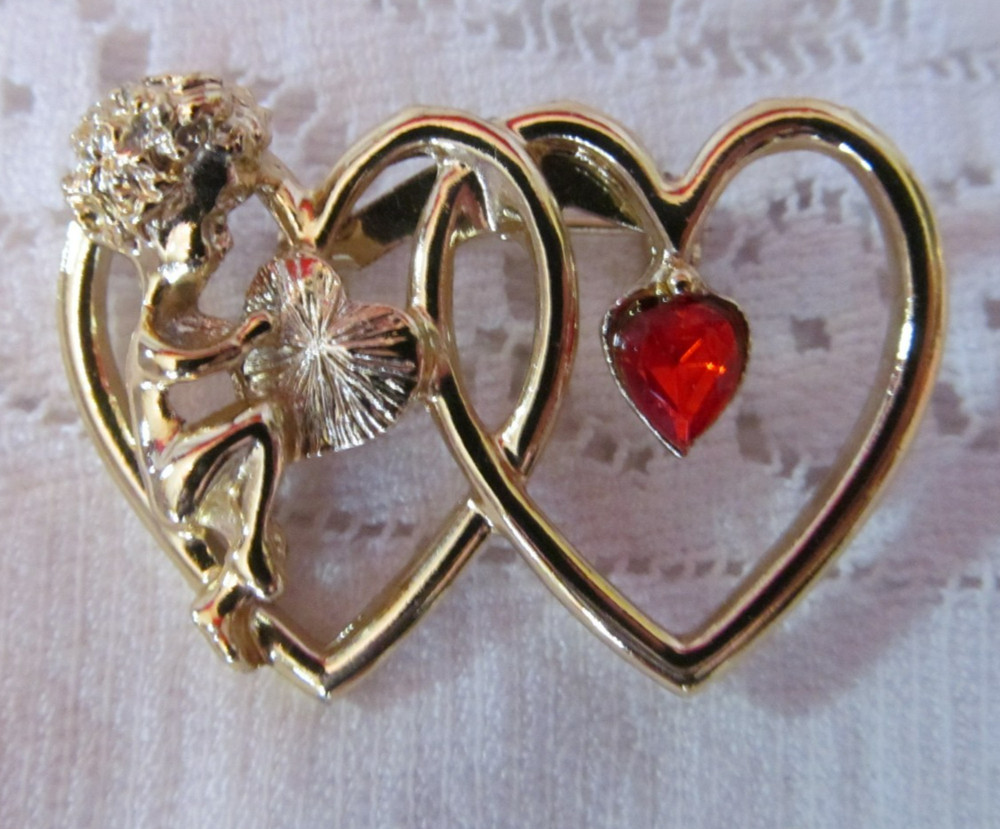 Gold Tone Double Heart Brooch with Cupid Cherub and Red Rhinestone