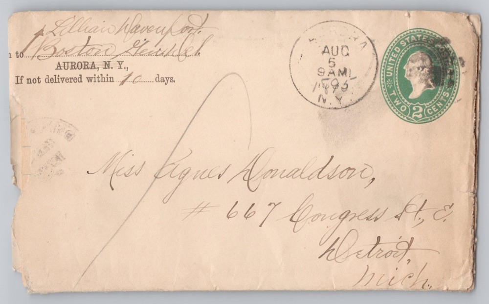 Aurora, NY, 2c Postal Stationery Envelope to Detroit, Mich., Undivided 1895