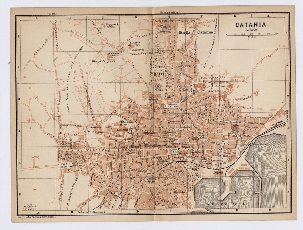 1900 Antique Map Of City Of Catania / Sicily / Italy