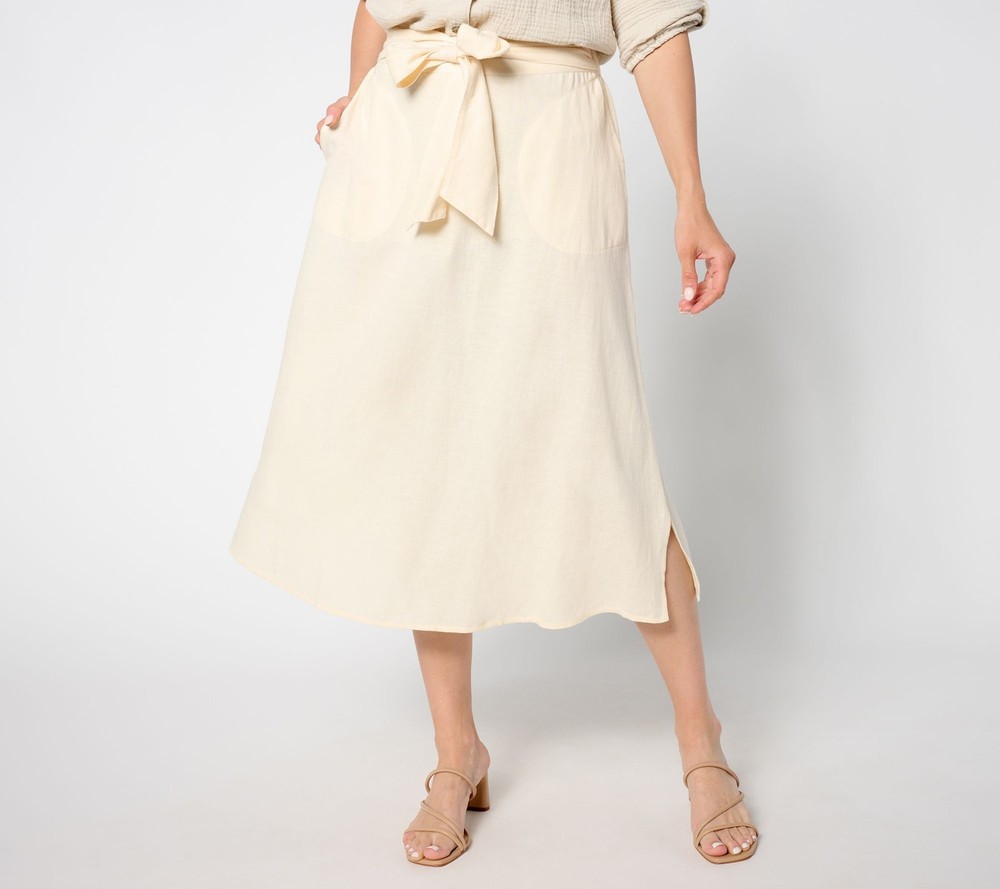 Denim & Co. Women's Skirt Sz M Regular Linen Blend Midi with Belt White A654649