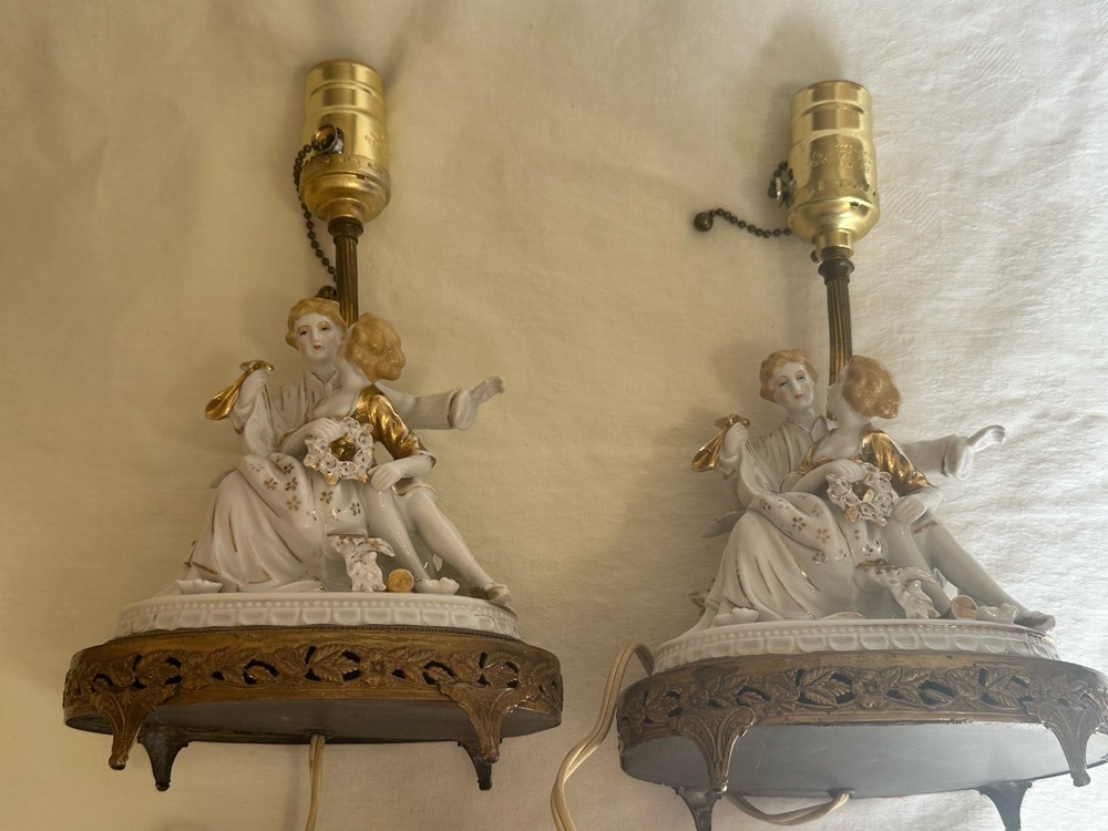 Boudoir Lamp Set Victorian Couple Porcelain & Brass Hand Painted