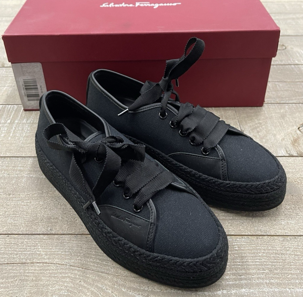 New Salvatore Ferragamo Soleil 2cm Espadrille Sneakers In Black Size:7.5