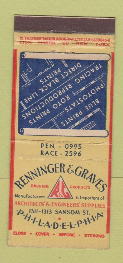 Matchbook Cover - Renninger & Graves Philadelphia PA  21 Strike Feature