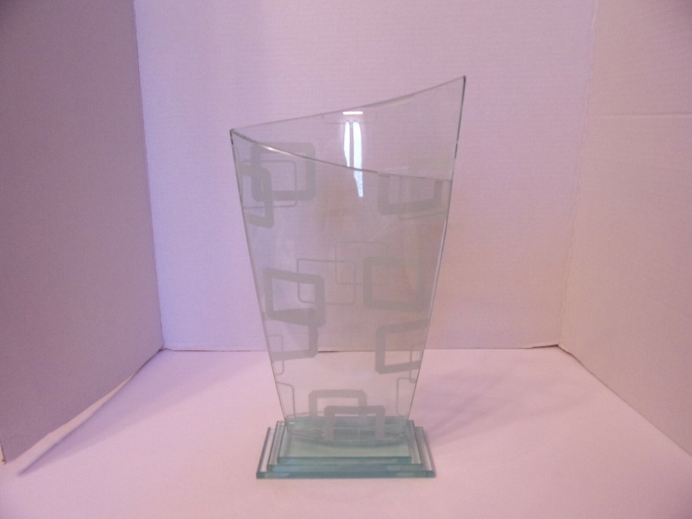 Art Glass Abstract Clear Frosted Squares Vase 13.5 Inches-image