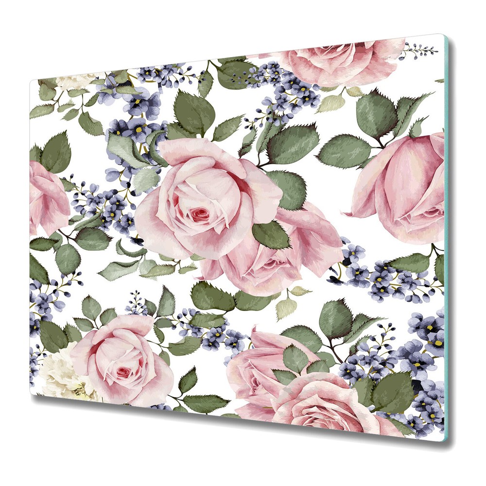 Glass Chopping Cutting Board Worktop Saver Pink Roses Floral Watercolour 60x52