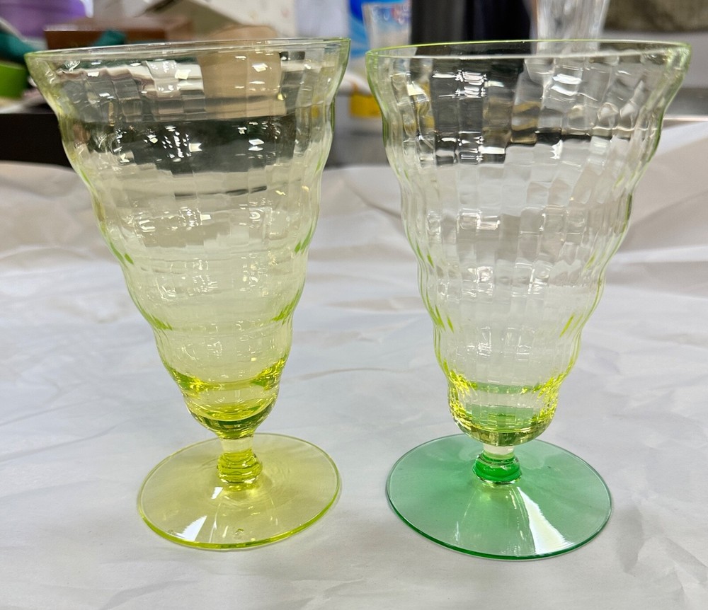 UTILITY GLASS WORKS CAMBODIA WARE FOOTED ICE TEA WATER GOBLET SET OF 2 AS-IS