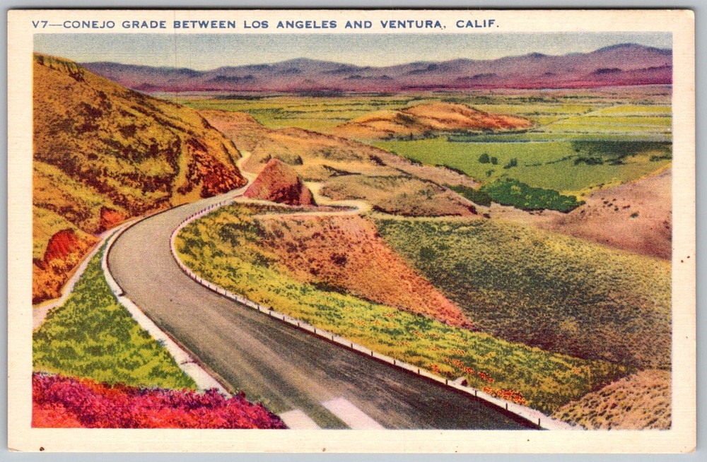 Vtg Linen Postcard Conejo Grade Road Los Angeles & Ventura, CA 1930s