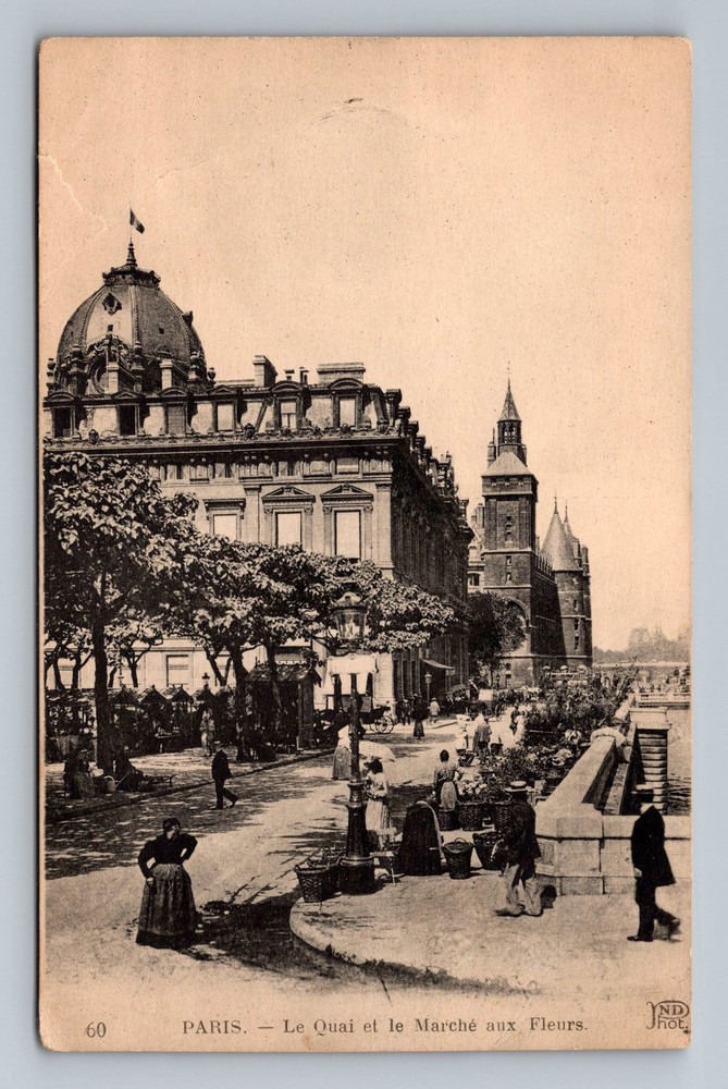 France- Paris The Quay & Flower Market Old PC Postal Card View Vintage Postcard