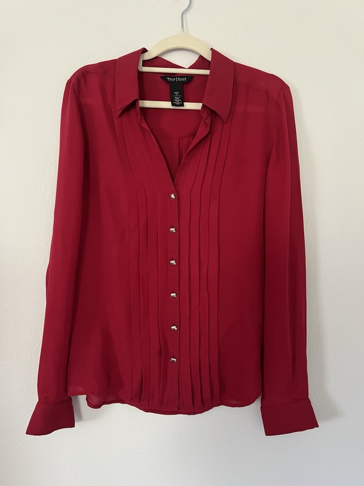 White House Black Market 100% Silk Red Pleated Collared Long Sleeve Blouse 8