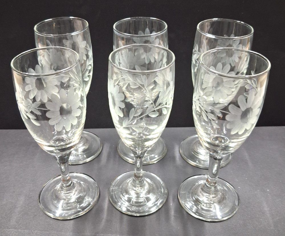 6 Vintage Floral Etched Gray-Cut Daisy With Vines Wine Glasses