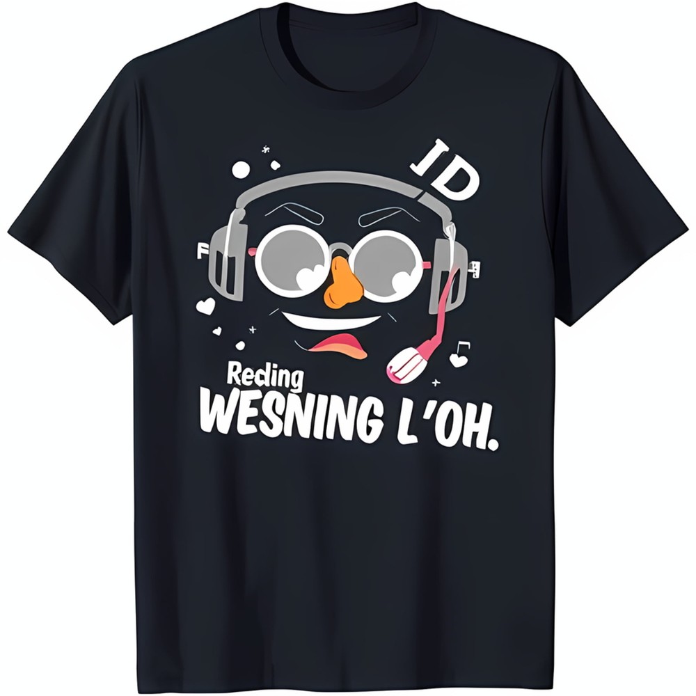 Cool Black T-Shirt with Cartoon Face Graphic Headphones & Glasses Trendy Style