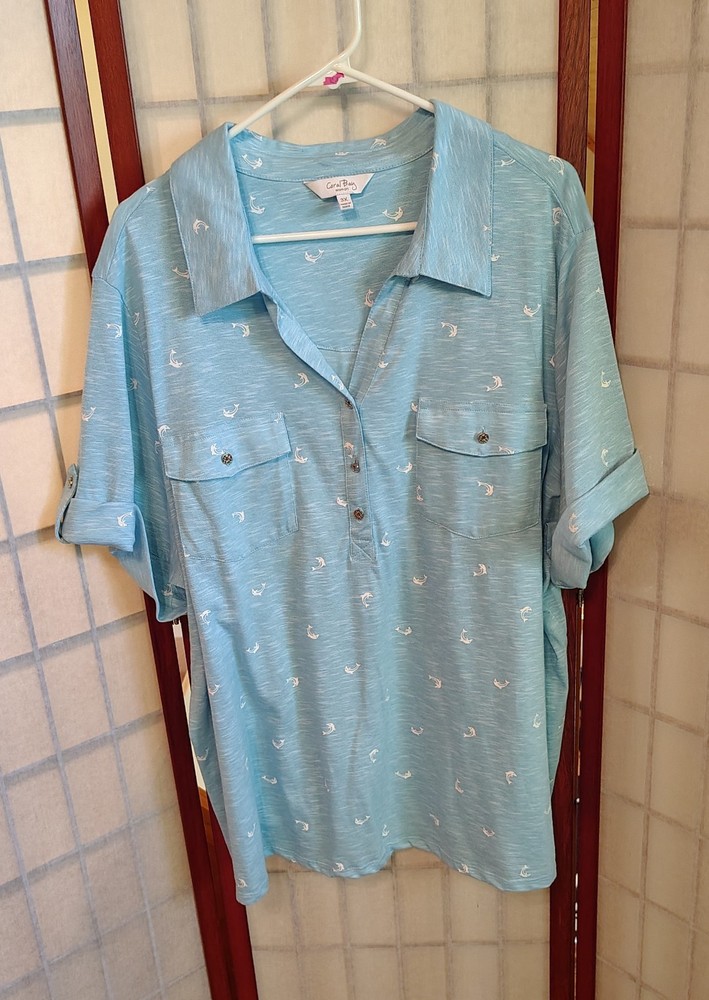 Coral Bay Women's Blue Animal Print Collared Short Sleeve Button Front Blouse 3X