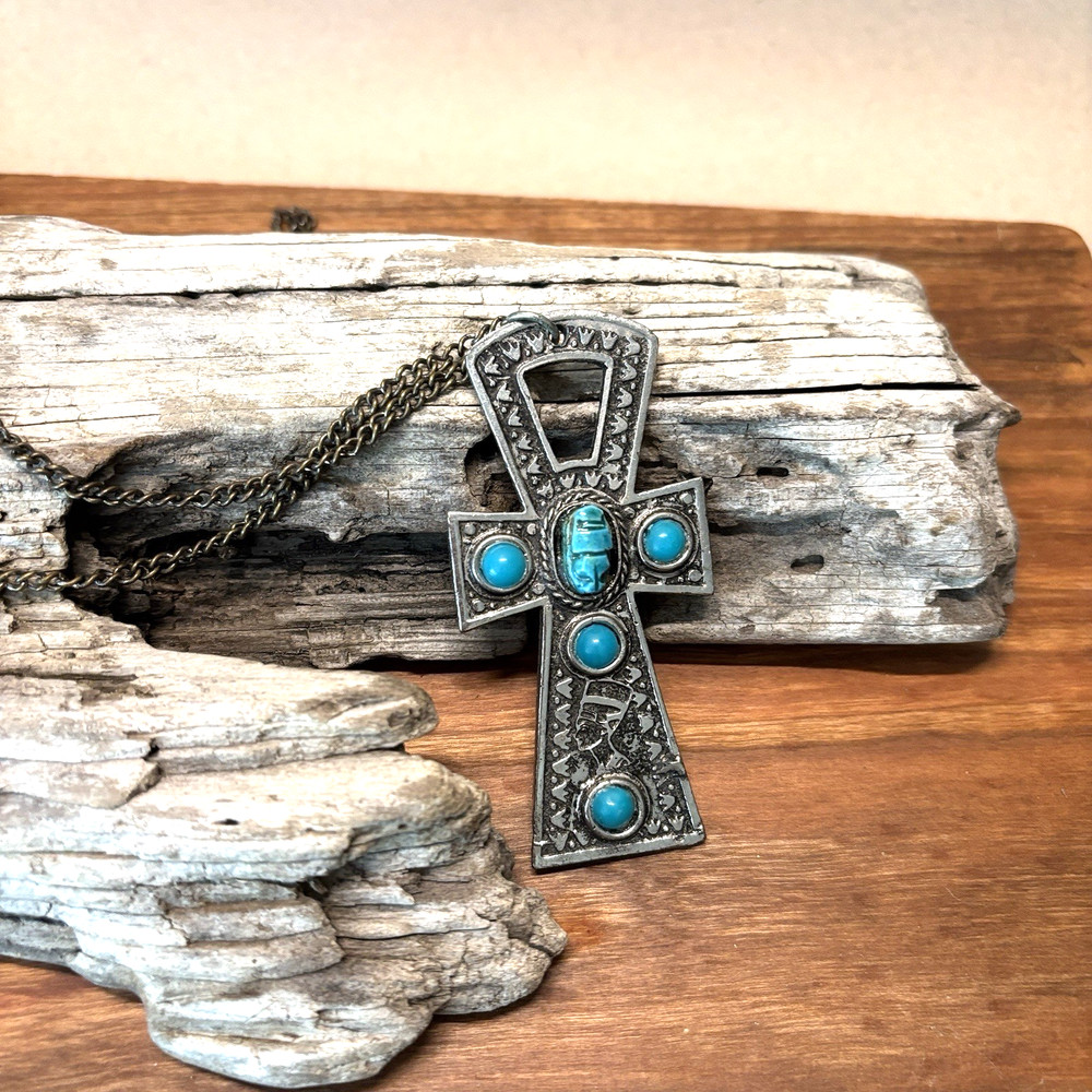 Ankh Cross Necklace Scarab Egyptian Revival Vintage Faux Turquoise Silver Tone