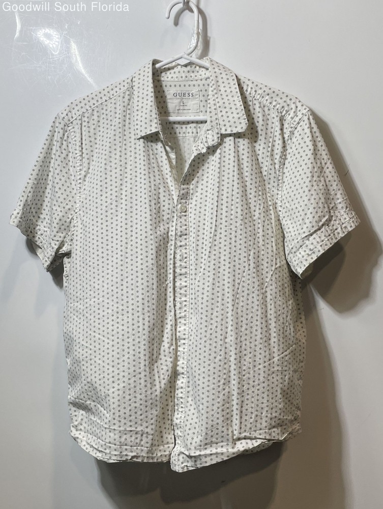 Guess Mens White Black Floral Print Short Sleeve Slim Fit Button-Up Shirt Size L