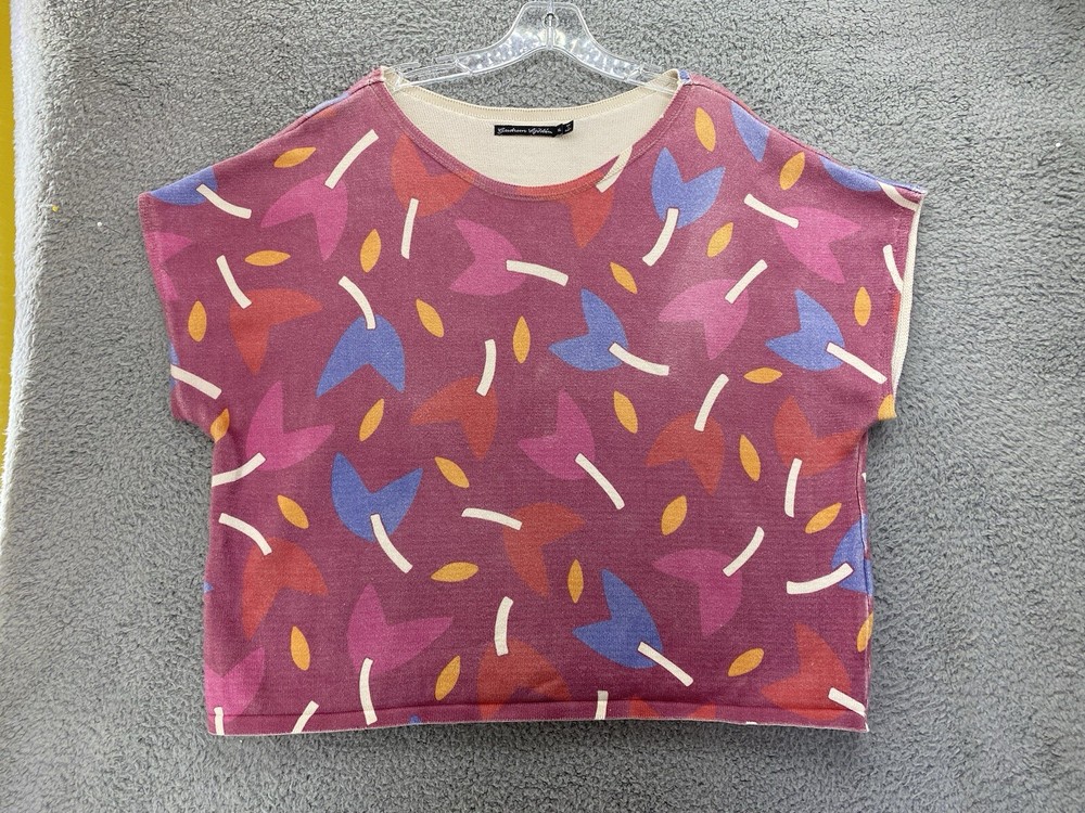 GUDRUN SJODEN Pink Floral Designer Short Sleeve Top Sweater  Size XL