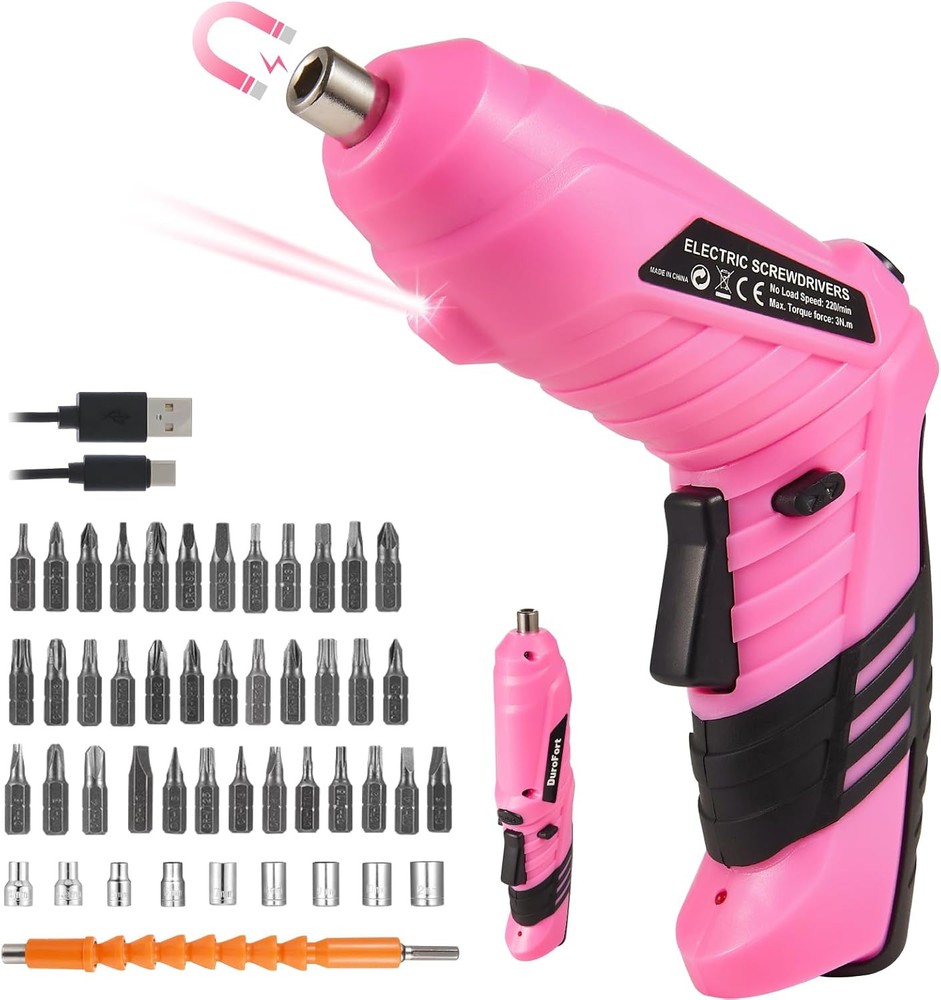 Pink Cordless Electric Screwdriver Set, 4.1V Rechargeable Small Electric...
